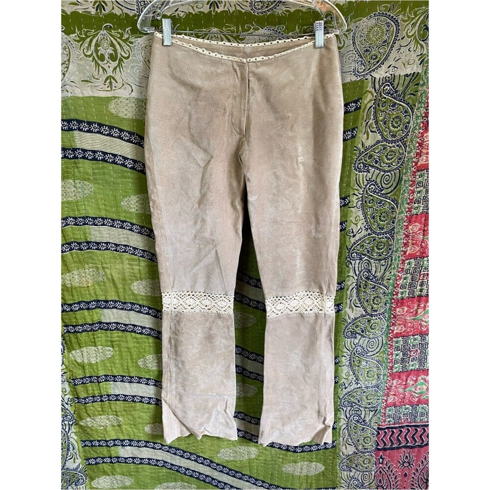 Vintage Y2K Wilsons Leather Maxima Tan Suede/ Crochet Leather Flare Pants 6 Boho